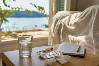 Foto: Krankentisch mit Wasserglas und Medikamenten